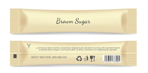 Realistischer brauner zuckerbeutel brauner zucker in papierkraftverpackungsmodell für süßungsmittel