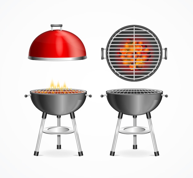 Realistischer detaillierter 3D-Bbq- oder Barbecue-Grill-Set-Vektor