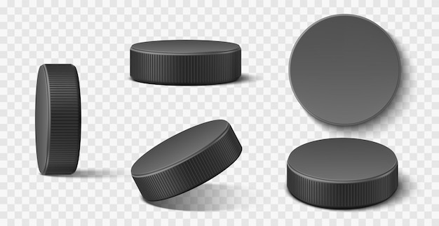 Realistischer Eishockey-Puck Schwarzer Gummi-Puck in verschiedenen Positionen Sport-Inventar für Winter-Team-Spiele auf der Eislaufbahn 3D-Vor- und Seitenansicht auf transparentem Hintergrund Utter-Vektor-Set