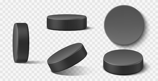 Realistischer eishockey-puck schwarzer gummi-puck in verschiedenen positionen sport-inventar für winter-team-spiele auf der eislaufbahn 3d-vor- und seitenansicht auf transparentem hintergrund utter-vektor-set