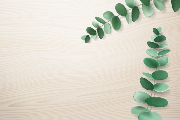 Vektor realistischer eukalyptuszweig auf holztisch. draufsicht auf kräuterpflanzenstamm auf holzmaterial.
