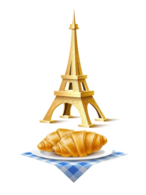Vektor realistischer goldener eiffelturm und französisches croissant