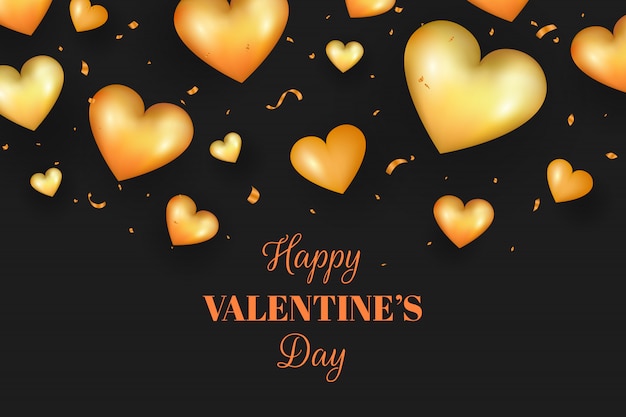 Realistischer goldener Valentinstag, goldene Herzformen und Konfetti.