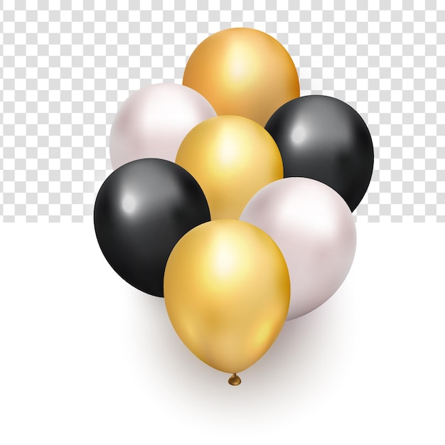 Realistischer haufen fliegender glänzender weiß-schwarzer goldballons für das designelement des neuen jahres