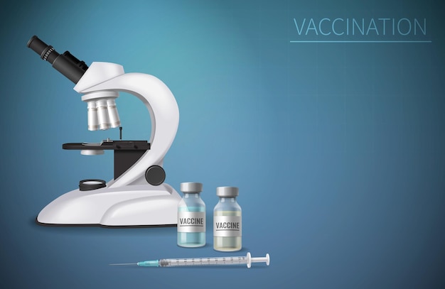 Realistischer hintergrund der impfung mit mikroskop zwei phiolen mit impfstofflösung und medizinischer spritze zur infektionsvektorillustration
