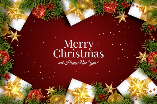 Realistischer Hintergrund für die Weihnachtsfeier mit Geschenken und Kugeln