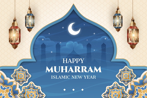 Realistischer islamischer Neujahrshintergrund mit Halbmond und Laternen