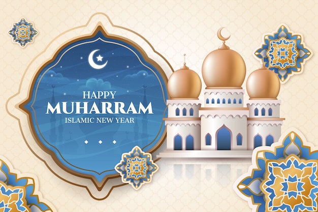 Realistischer islamischer Neujahrshintergrund mit Halbmond und Laternen