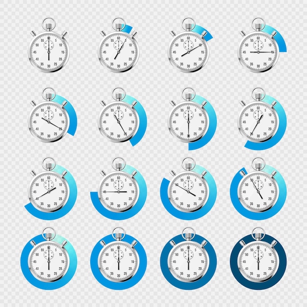 Realistischer klassischer Stoppuhr-Chronometer-Zeitzähler aus glänzendem Metall mit blauem Countdown-Timer