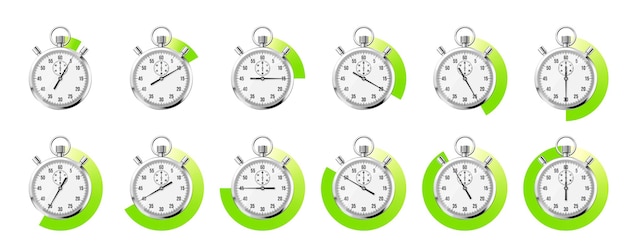 Realistischer klassischer Stoppuhr-Chronometer-Zeitzähler aus glänzendem Metall mit grünem Countdown-Timer