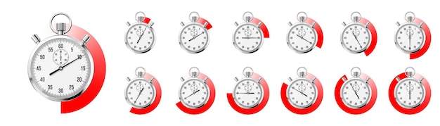 Realistischer klassischer Stoppuhr-Chronometer-Zeitzähler aus glänzendem Metall mit rotem Countdown-Timer