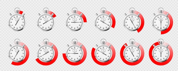 Realistischer klassischer Stoppuhr-Chronometer-Zeitzähler aus glänzendem Metall mit rotem Countdown-Timer