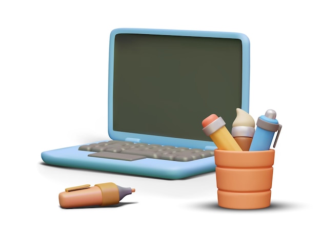 Realistischer Laptop mit leerem schwarzem Bildschirm, Bleistiftbechermarkierung, Traumbüro-Coworking