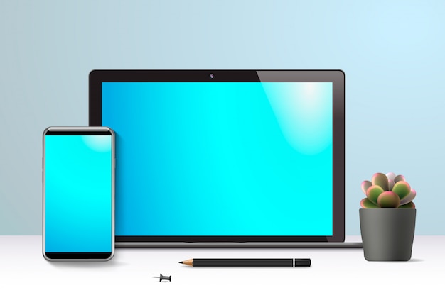 Realistischer Laptop und Smartphone. Vorderansicht des Arbeitsbereichs, Abbildung.