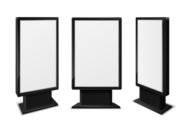 Realistischer Leuchtkasten, leere Werbetafeln vorne und verschiedene Blickwinkel, Informationen, Werbung, Beschilderung, Außenrahmen, Display, Ausstellung, Kommunikation, Standdesign, Vektor, 3D-isolierte Illustration