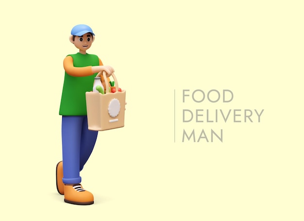 Vektor realistischer mann in blau-grüner uniform hält eine tasche mit essen und ist bereit zu arbeiten