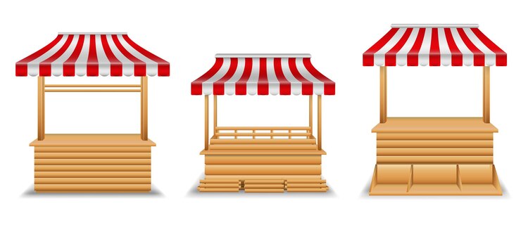 Vektor realistischer marktstand holzkiosk oder marktstand mit gestreifter markise isoliert 3d-illustration