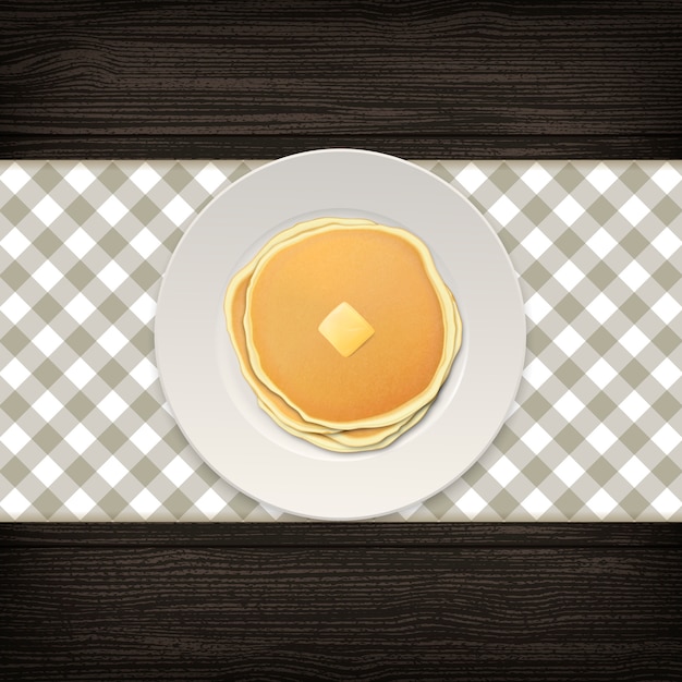 Vektor realistischer pfannkuchen mit einem stück butter auf einer weißen plattennahaufnahme auf holzhintergrund, draufsicht.