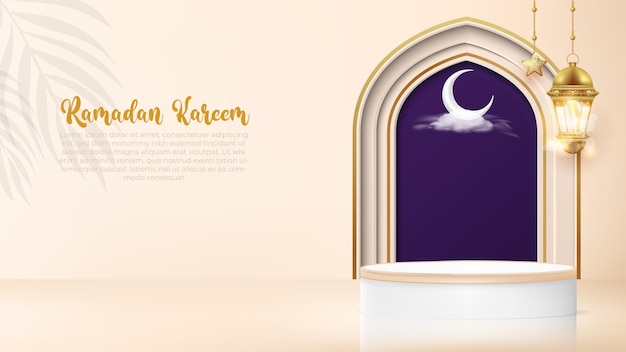 realistischer ramadan kareem hintergrund mit goldener lampe und podium