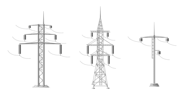 Realistischer Satz der Hochspannungsleitungsmetallstangen lokalisiert auf weißer Hintergrundvektorillustration