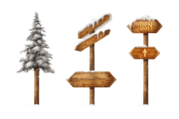 Realistischer Satz hölzerner Schilder, die mit Schnee bedeckt sind, isoliert auf dem Hintergrund Cartoon-Vektorillustration