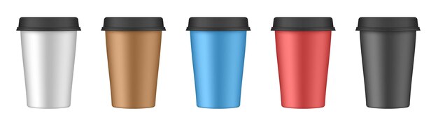 Realistischer Satz Kaffeetassen aus Papier Kaffee zum Mitnehmen Weiß-rot-grün-schwarze Pappbecher