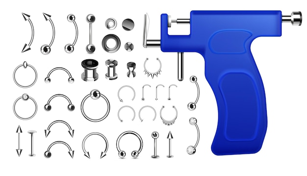 Realistischer satz verschiedener piercingschmuck und professioneller waffe isoliert auf weißer hintergrundvektorillustration