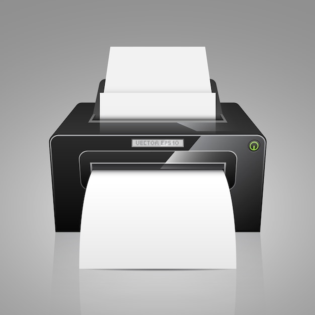 Realistischer schwarzer Modelldrucker mit Papier.