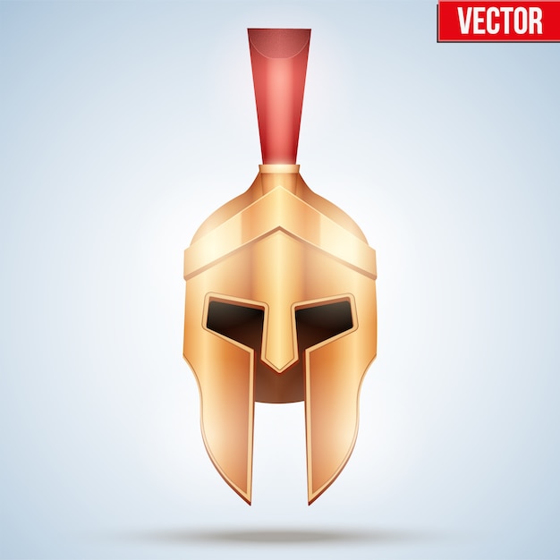 Vektor realistischer spartanischer und gladiator-helm. warrior attic goldener helm mit pferdewappen. vorderansicht. illustration