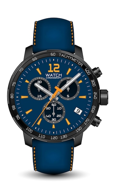 Realistischer uhrenchronograph schwarzer stahlblauer lederriemen gelber pfeil klassischer luxusvektor