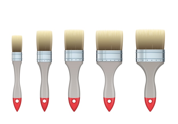 Vektor realistischer vektorsatz von flachen holzbürsten der verschiedenen breiten.