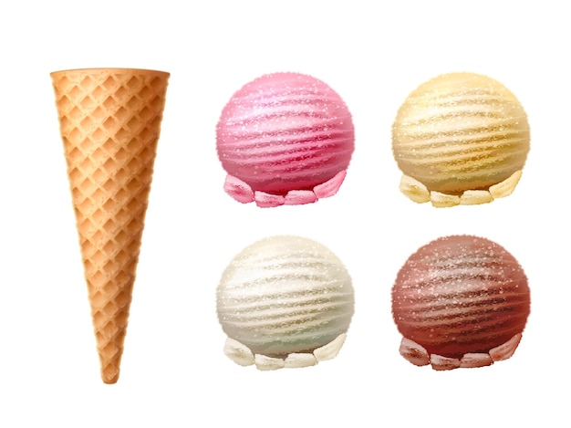 Realistischer Waffelkegel mit Eisportionierer Vector leckerer Snack mit Vanilleschokolade und Erdbeere
