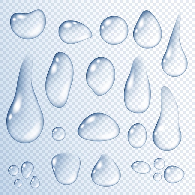 Realistischer Wassertropfen und Tröpfchen blaue Flüssigkeit