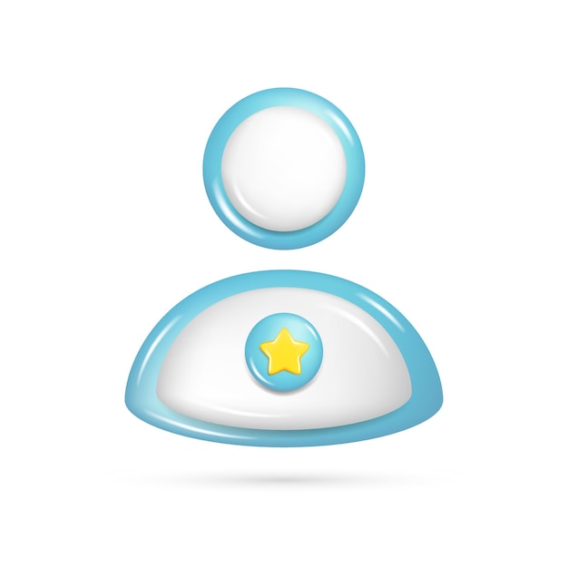 Realistisches 3D-Hochglanz-Personenbenutzersymbol mit Stern. 3D-Cartoon-Element des Kunden, blau-weißes Kundensymbolprofil oder Avatar-UI-Symbol. Vektorillustration isoliert auf weißem Hintergrund