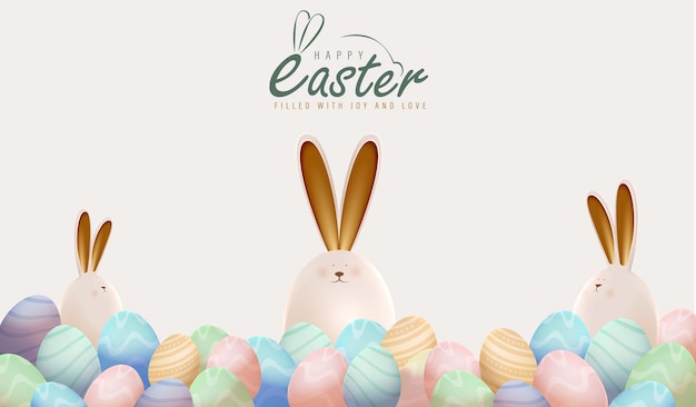 Realistisches 3D-Ostern-Poster-Design mit bunten Eiern und Kaninchen-Vektor-Illustration