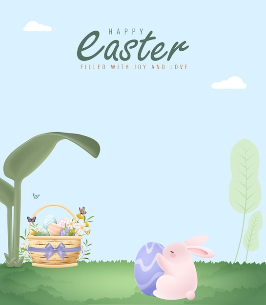 Realistisches 3d-ostern-poster-design mit bunten eiern und kaninchen-vektor-illustration