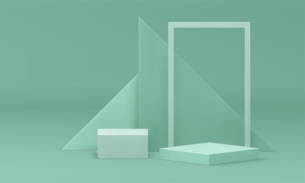 Vektor realistisches 3d-podium mit weicher grüner geometrischer form, abstrakter hintergrund, vektorillustration, trendiges rendering, pastellfarbener sockel, minimalistische ästhetische plattform, dreieck, quadratischer rahmen, studio-interieur