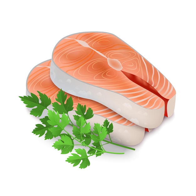 Realistisches 3D-Steak aus Rotfisch und roher Petersilie-Lachs für das Kochen Illustration von Filet