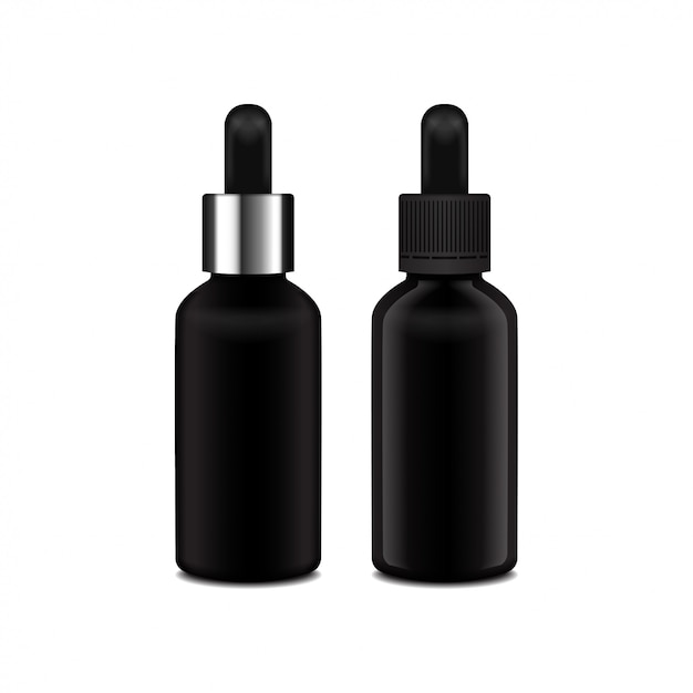 Realistisches ätherisches öl. set schwarz matt und glänzend flasche. flasche kosmetische oder medizinische fläschchen, flasche, flakon illustration