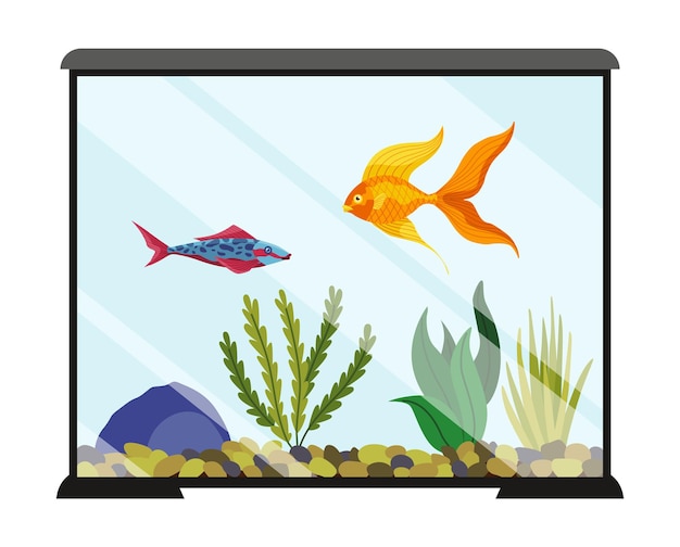 Vektor realistisches aquarium mit fischen und algen dekorations-aquarien-kit mit unterwasserburg süßem goldfisch oder algen aquarium-bundle zubehör für aquarium