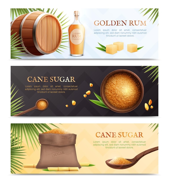 Realistisches banner mit drei horizontalen rohrzucker-sets mit goldenen rum- und zuckerbeschreibungen