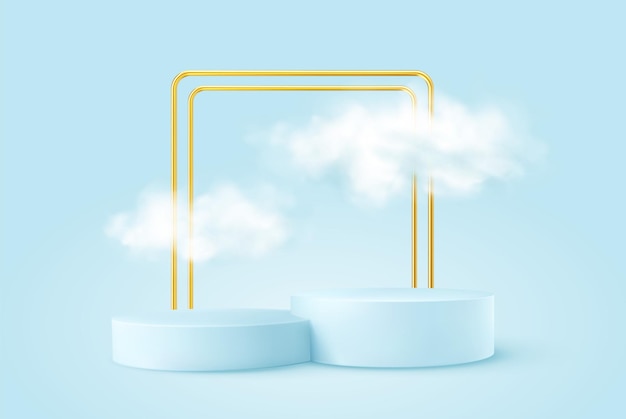 Realistisches blaues Produktpodest mit goldenem Rundbogen und Wolken