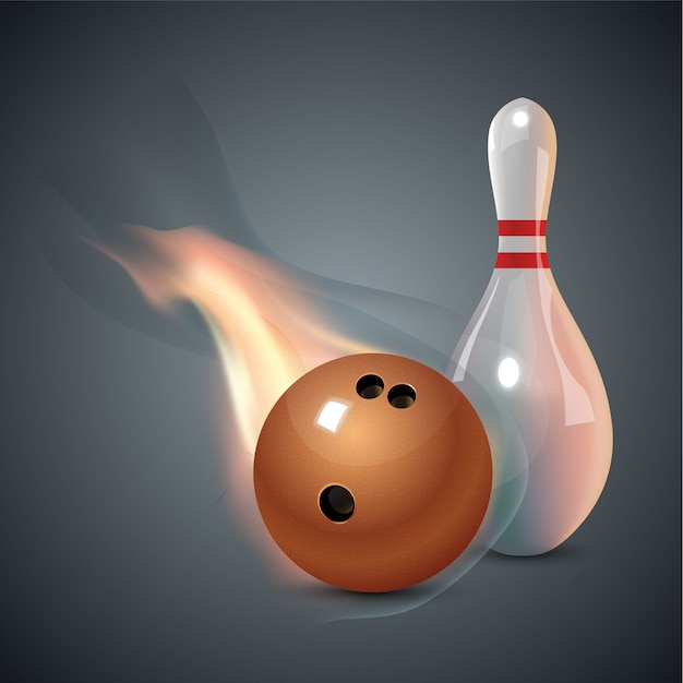 Realistisches Bowling auf dunkelgrauem Hintergrund. Bowlingschlag mit Ball