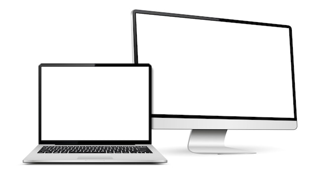 Realistisches Computerbildschirm und Laptop mit leerem Bildschirm