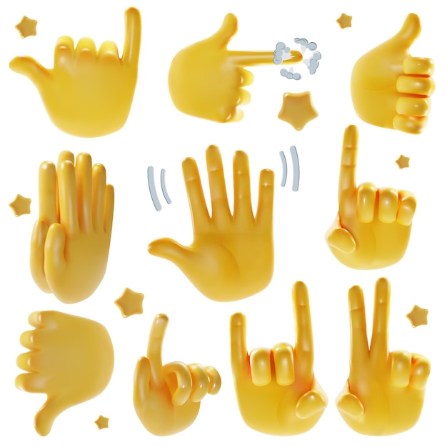 Vektor realistisches, detailliertes 3d-emoji-hände-set mit victory direction pray support und hallo-zeichen-vektorillustration