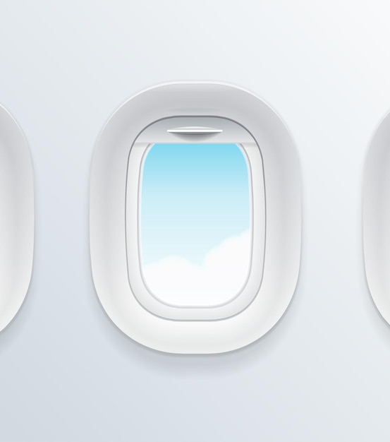 Realistisches, detailliertes 3D-Flugzeugfenster mit Blick auf den blauen Himmel, Tourismus- und Reisekonzept, Vektorillustration des Bullauges