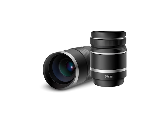 Realistisches DSLR-Kamera-Objektiv Vektor-Isolierte Nahaufnahme-Objektiv-Design auf weißem Hintergrund Perfekt für Ph