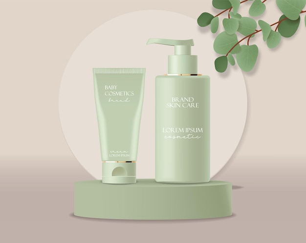 Realistisches eukalyptus-kosmetikset, beauty-lotion-flaschenkosmetik, eukayptus-design