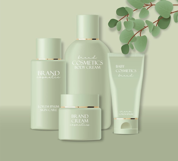 Realistisches Eukalyptus-Kosmetikset, Beauty-Lotion-Flaschenkosmetik, Eukayptus-Design