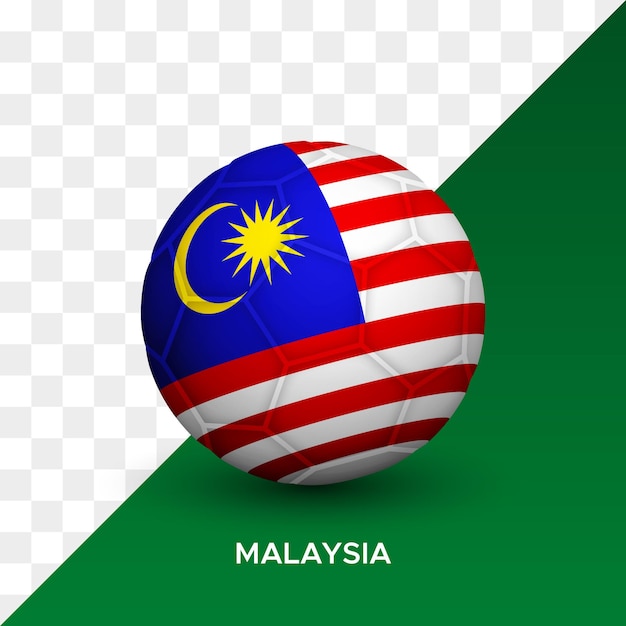 Realistisches fußball-fußballmodell mit malaysischer flagge 3d-vektorillustration isoliert